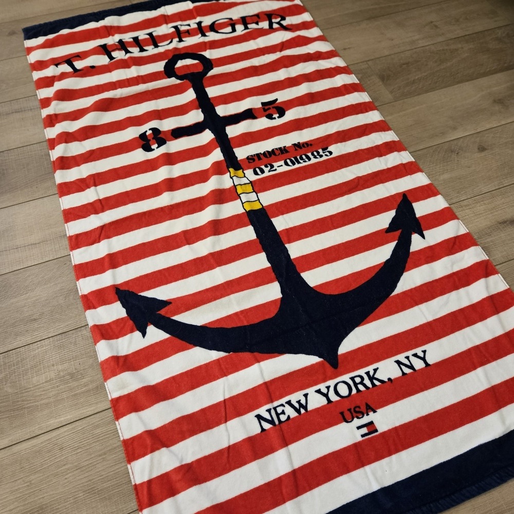 Tommy Hilfiger Large Anchor Beach Towel 35x66‎ Nautical Red White Blue Patriotic